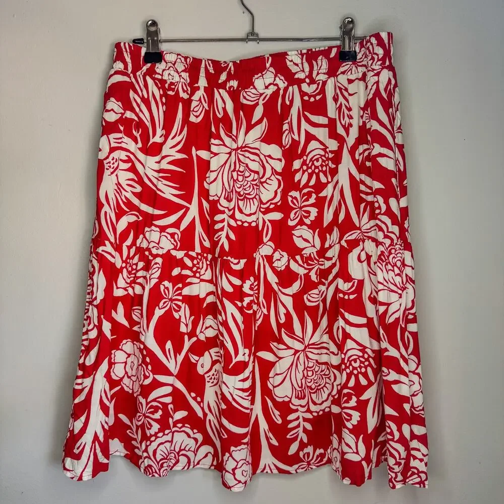 Knox Rose Red White Floral 2pc Set Off Shoulder Top & Midi Skirt Size M